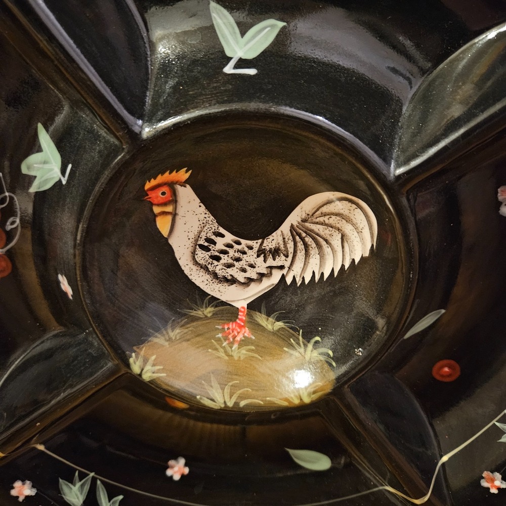 Vintage Rooster Divided Serving Platter Hand Painted Black Floral‎ Farmhouse 13" - Picture 4 of 5